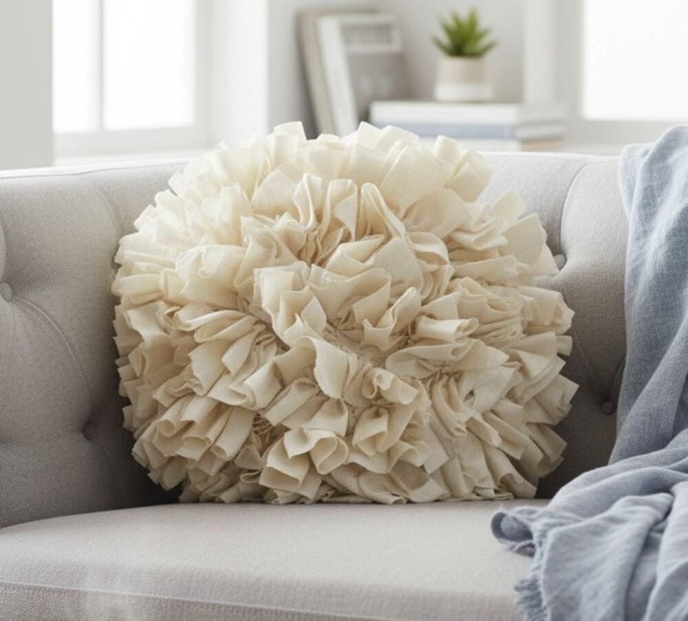Cynthia Rowley Round Ruffle Throw Pillow Cream Ivory Decorative 14"